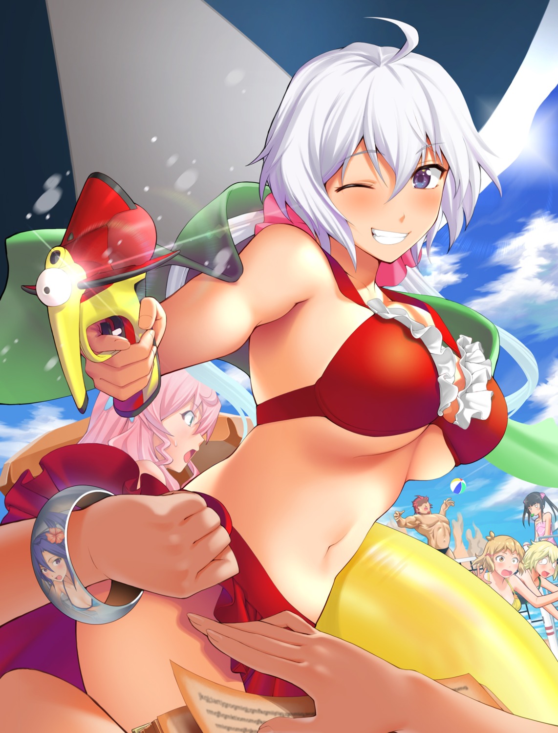 akatsuki_kirika, bikini, gun, kazanari_genjuurou, kazanari_tsubasa, maria_cadenzavuna_eve, oretoreon, senki_zesshou_symphogear