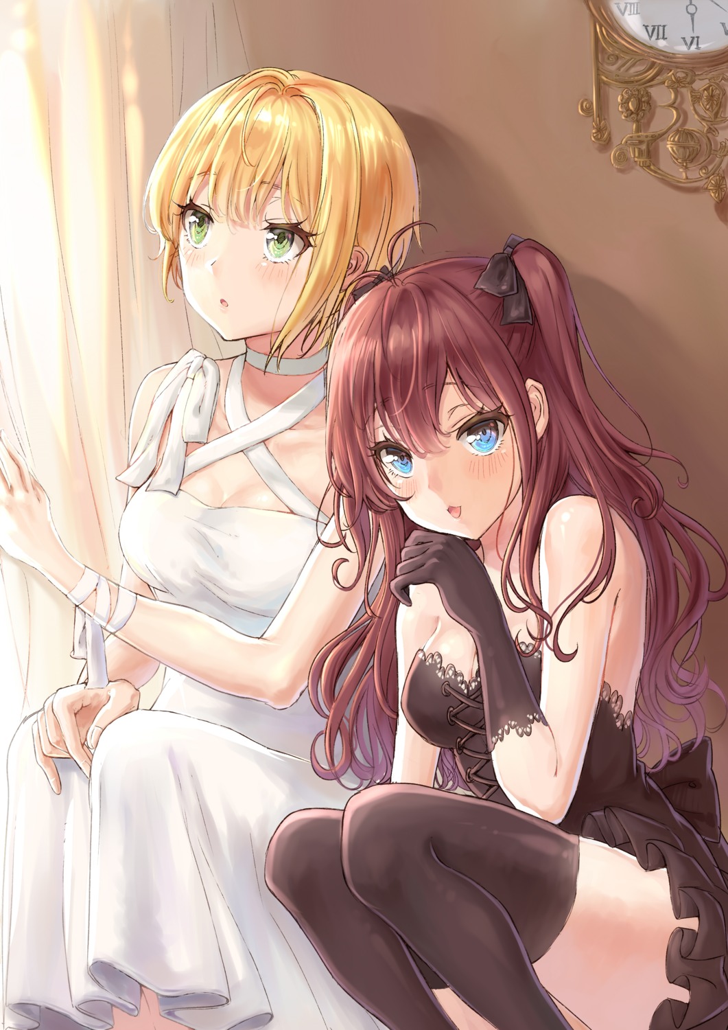 cleavage, dress, ezusa, ichinose_shiki, miyamoto_frederica, the_idolm@ster, the_idolm@ster_cinderella_girls, thighhighs