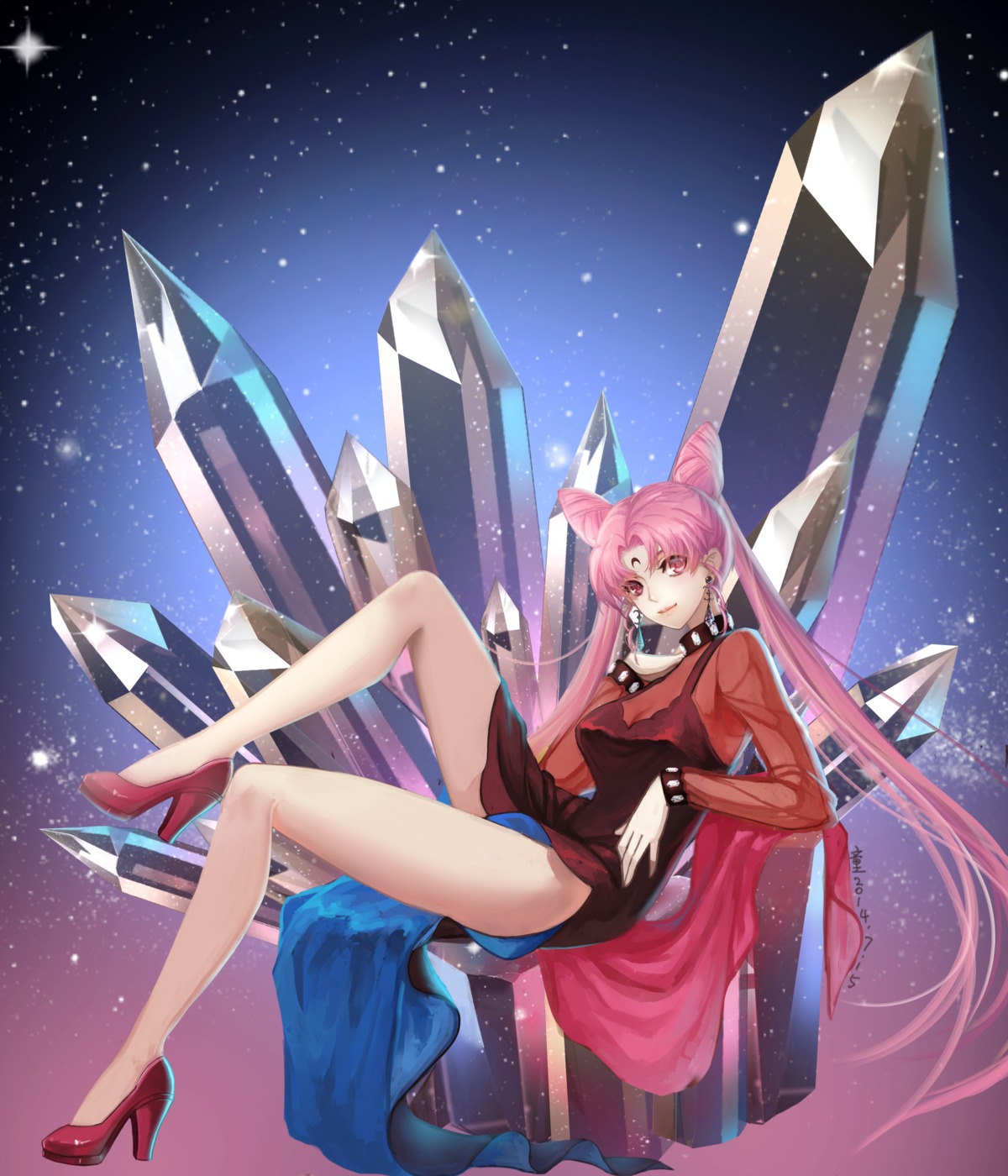 bishoujo_senshi_sailor_moon, black_lady, chibiusa, cleavage, douyougen, dress, heels
