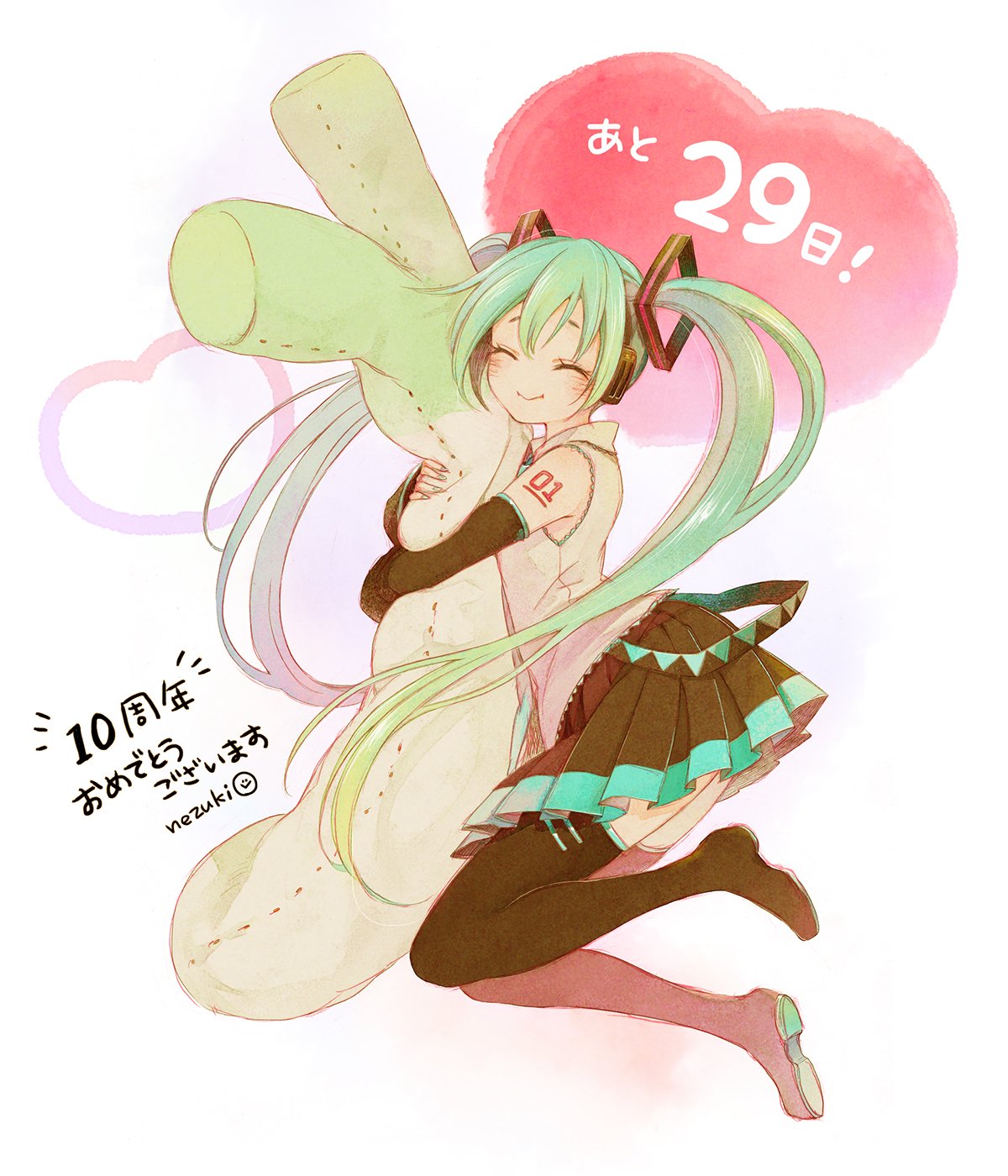 hatsune_miku, headphones, nezuki, tattoo, thighhighs, vocaloid