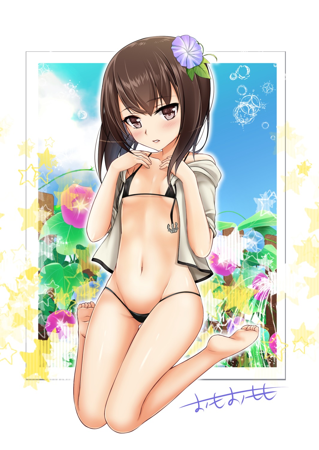 bikini, feet, kantai_collection, omoomomo, open_shirt, swimsuits, taihou_(kancolle)