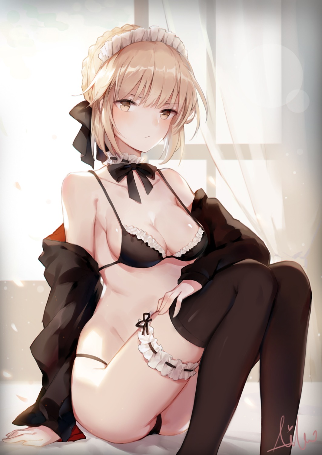aiko_(kanl), artoria_pendragon_(fate), artoria_pendragon_alter_(fate), bikini, cleavage, fate/grand_order, garter, maid, open_shirt, swimsuits, thighhighs