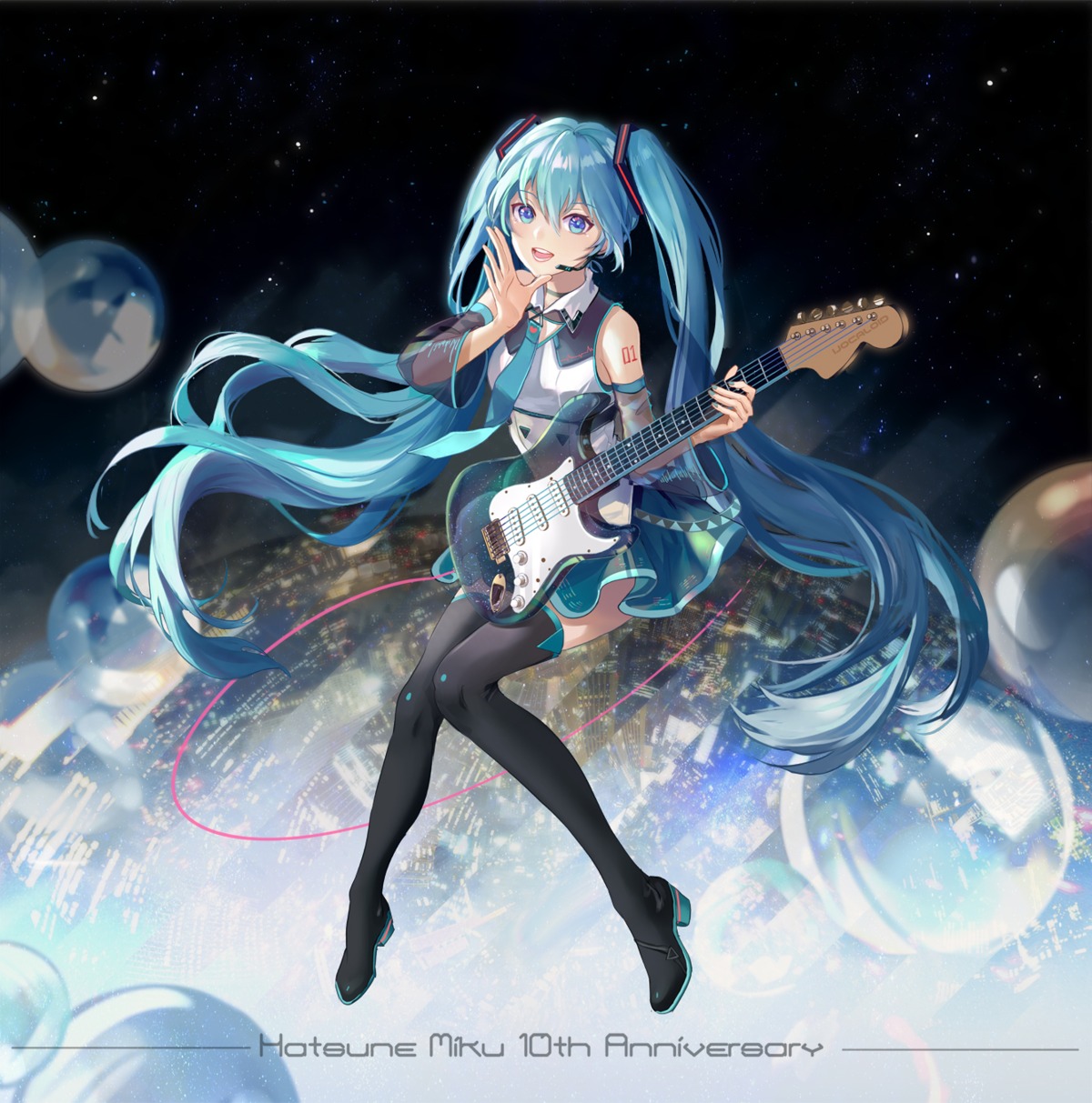 guitar, hatsune_miku, heels, kirayoci, tattoo, thighhighs, vocaloid