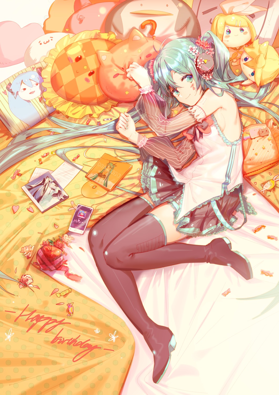 hatsune_miku, headphones, heels, see_through, tattoo, thighhighs, vocaloid, yyb