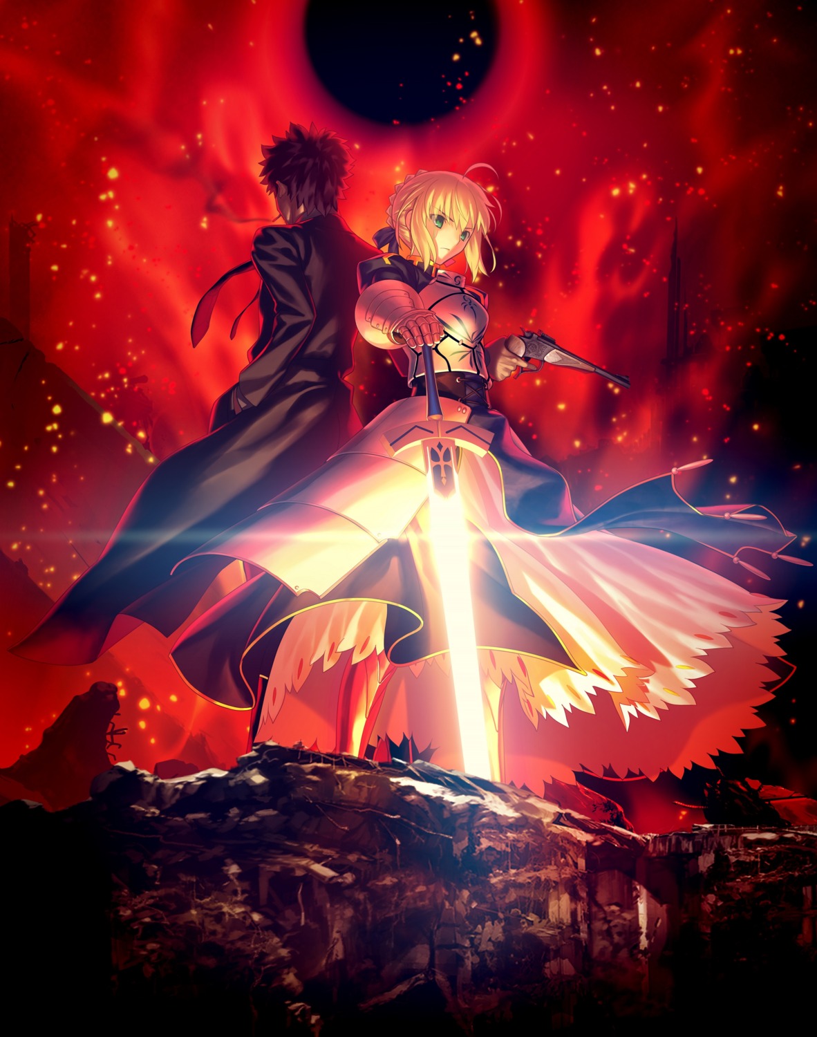armor, artoria_pendragon_(fate), dress, emiya_kiritsugu, fate/stay_night, fate/zero, gun, sword, takeuchi_takashi