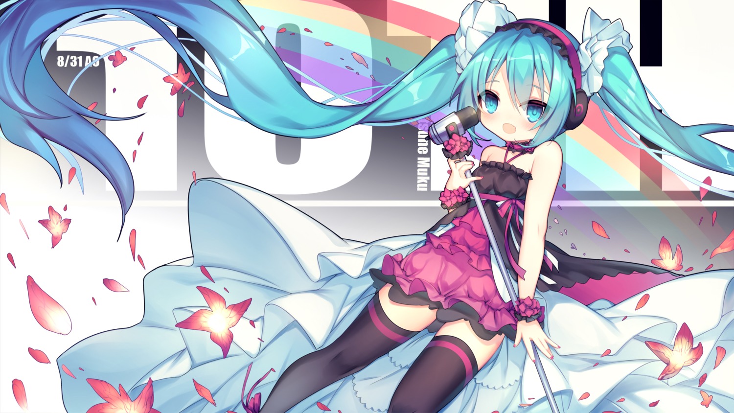 ao_jun, dress, hatsune_miku, headphones, thighhighs, vocaloid, wallpaper