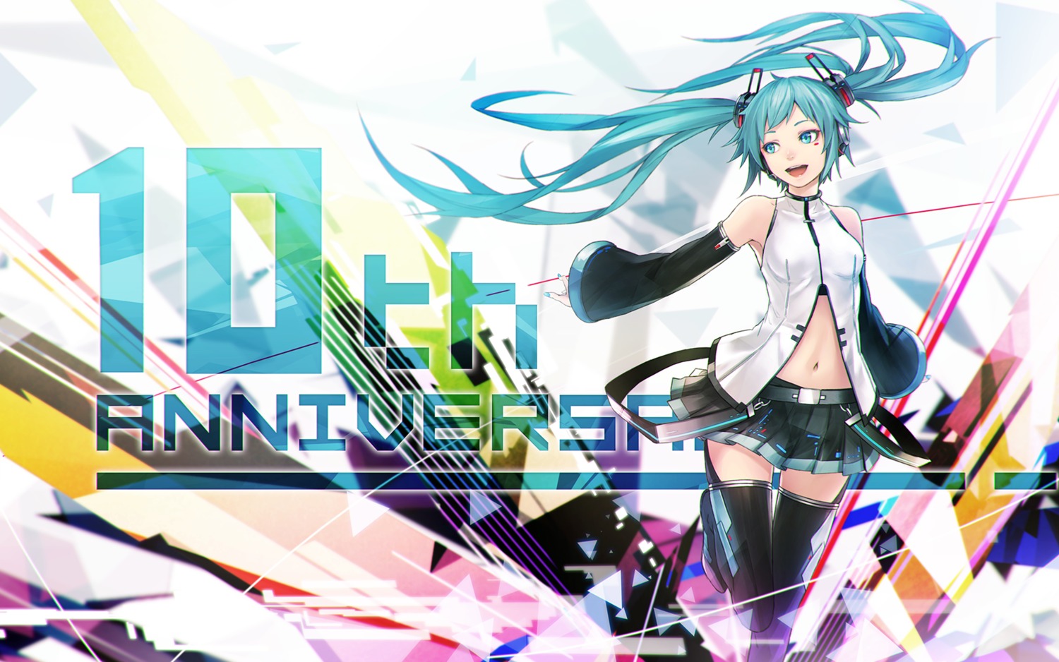 hatsune_miku, headphones, sugi_214, thighhighs, vocaloid, wallpaper