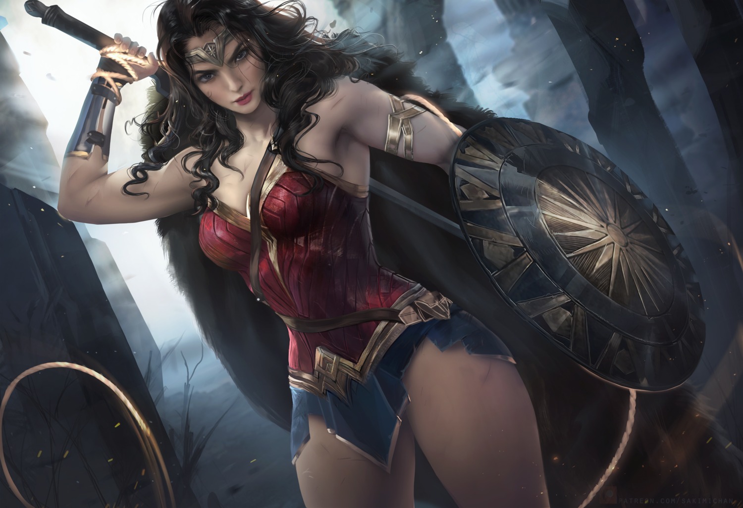 cleavage, sakimichan, sword, wonder_woman, wonder_woman_(character)