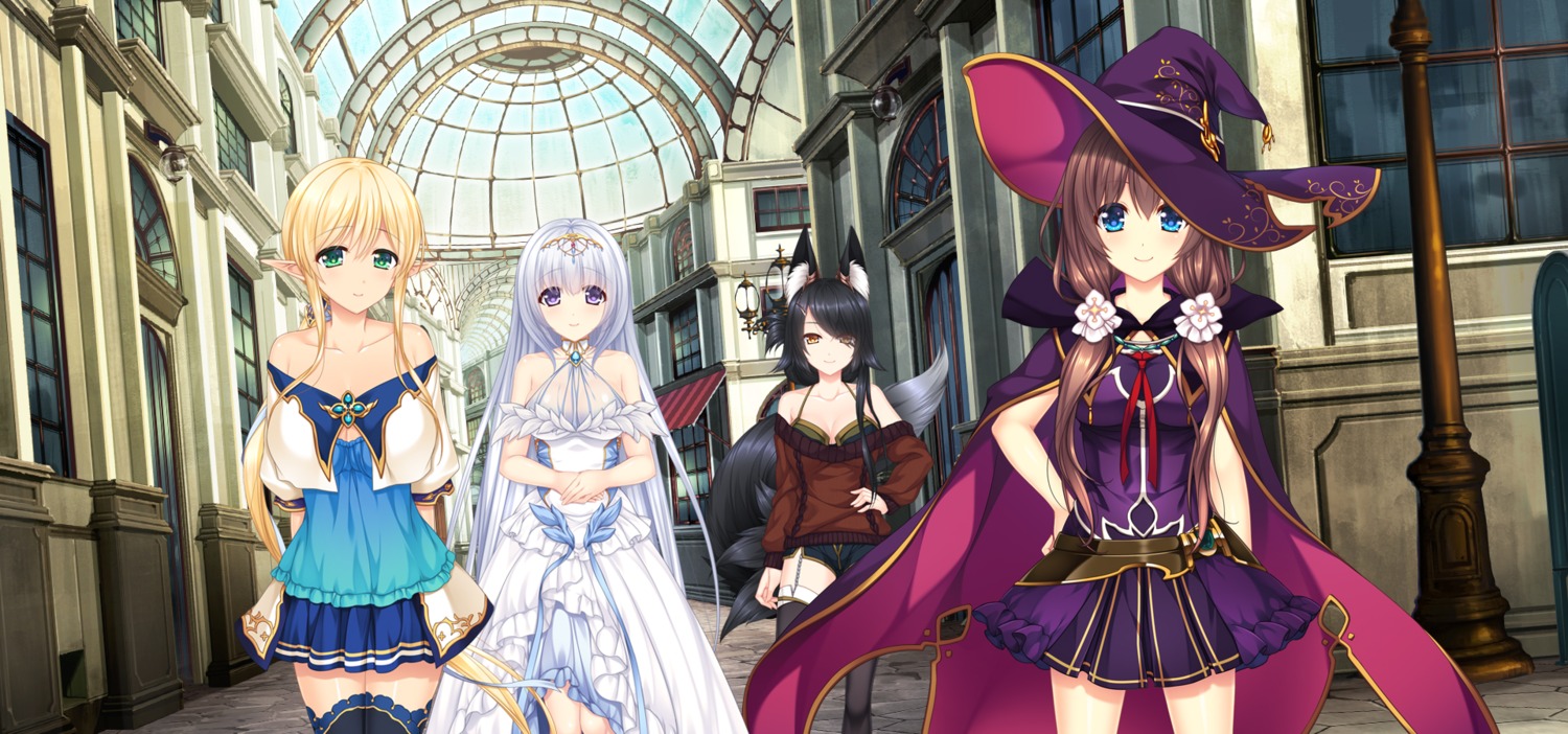 animal_ears, cleavage, cosmic_cute, dress, muutsuki, pointy_ears, see_through, stockings