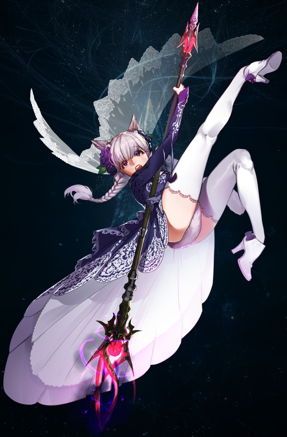 animal_ears, hana_shiori, tail, thighhighs, weapon