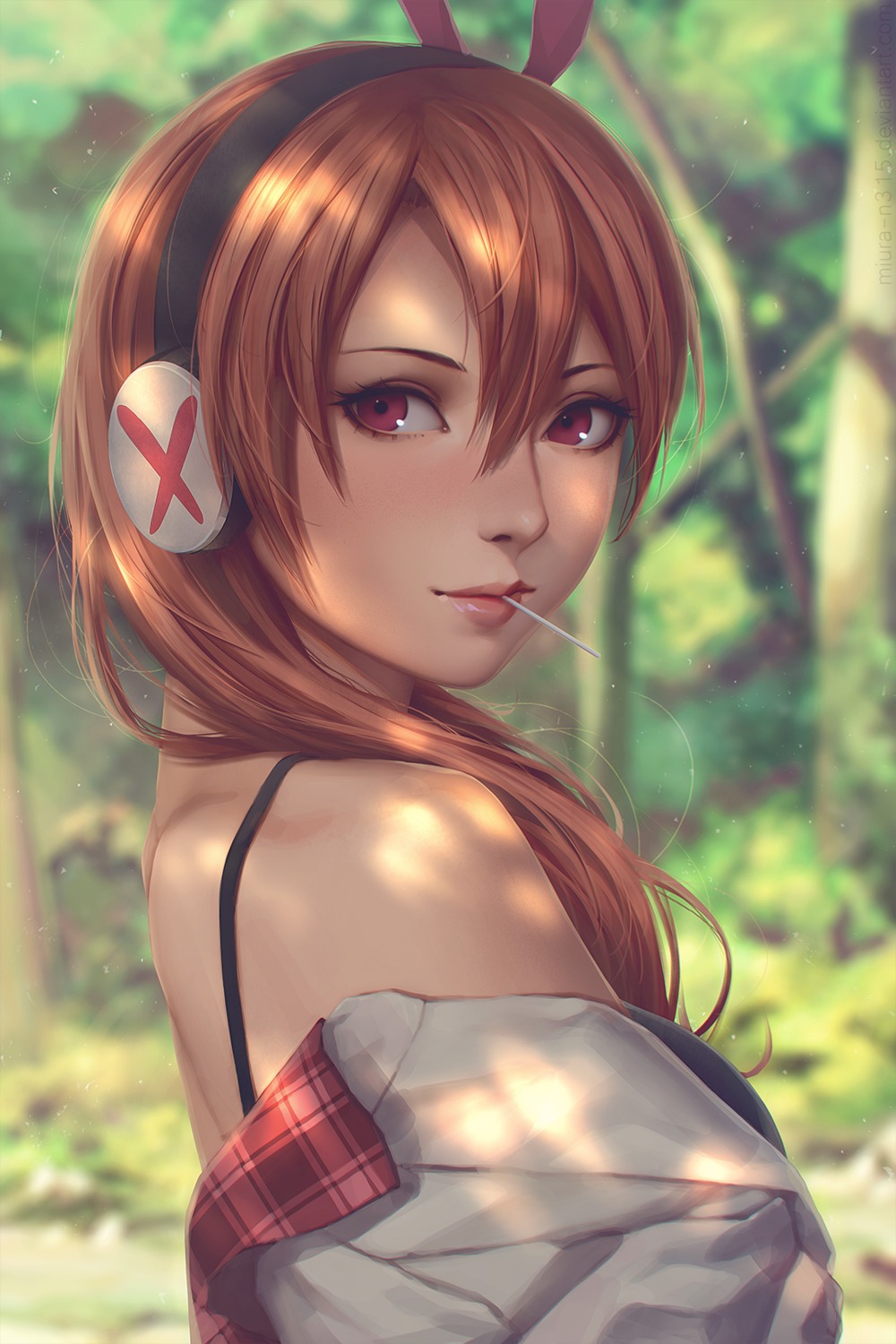 akame_ga_kill!, bikini, chelsea_(akame_ga_kill!), headphones, miura_naoko, open_shirt, seifuku, swimsuits