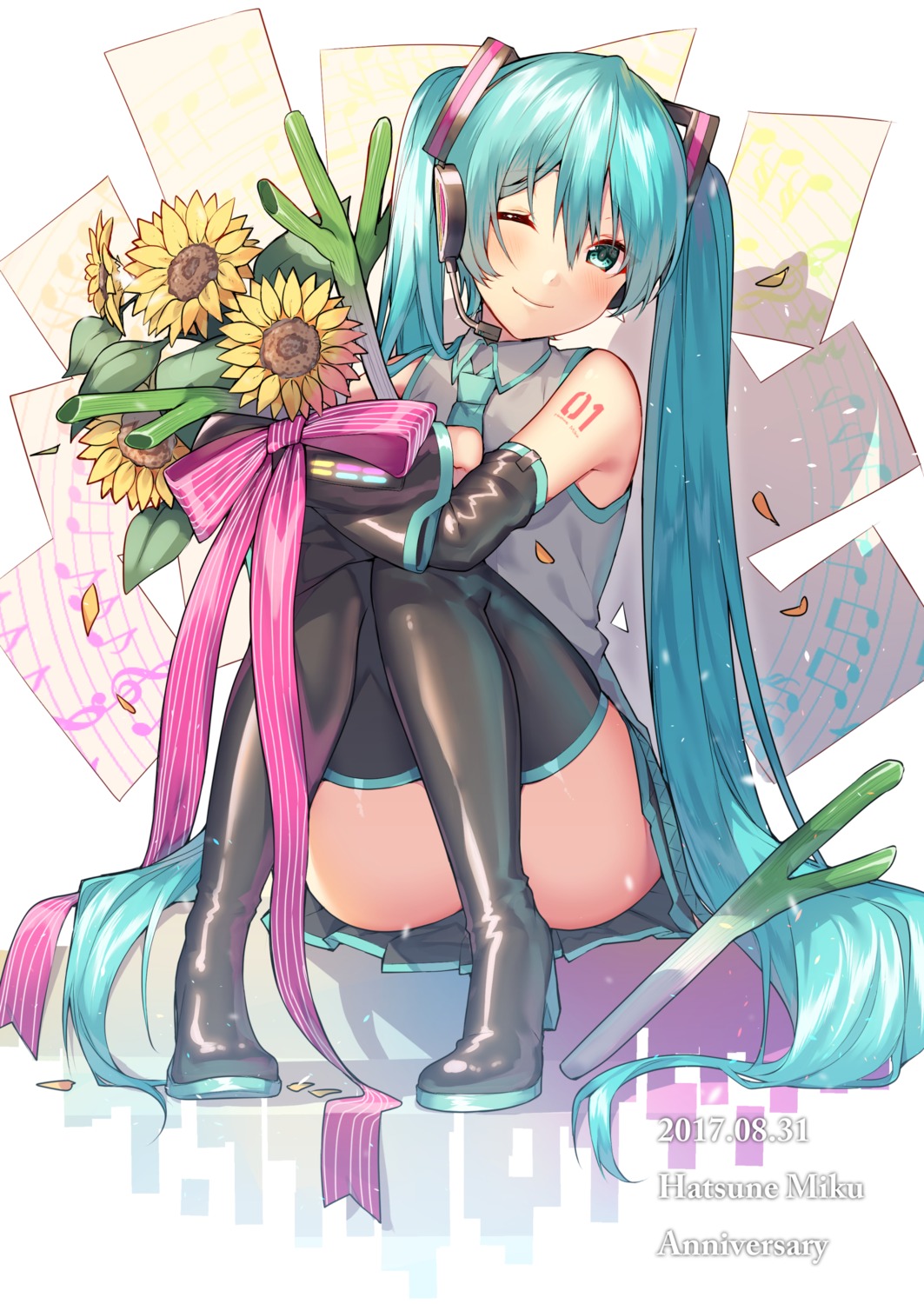 hatsune_miku, headphones, heels, itohana, shironboako, tattoo, thighhighs, vocaloid