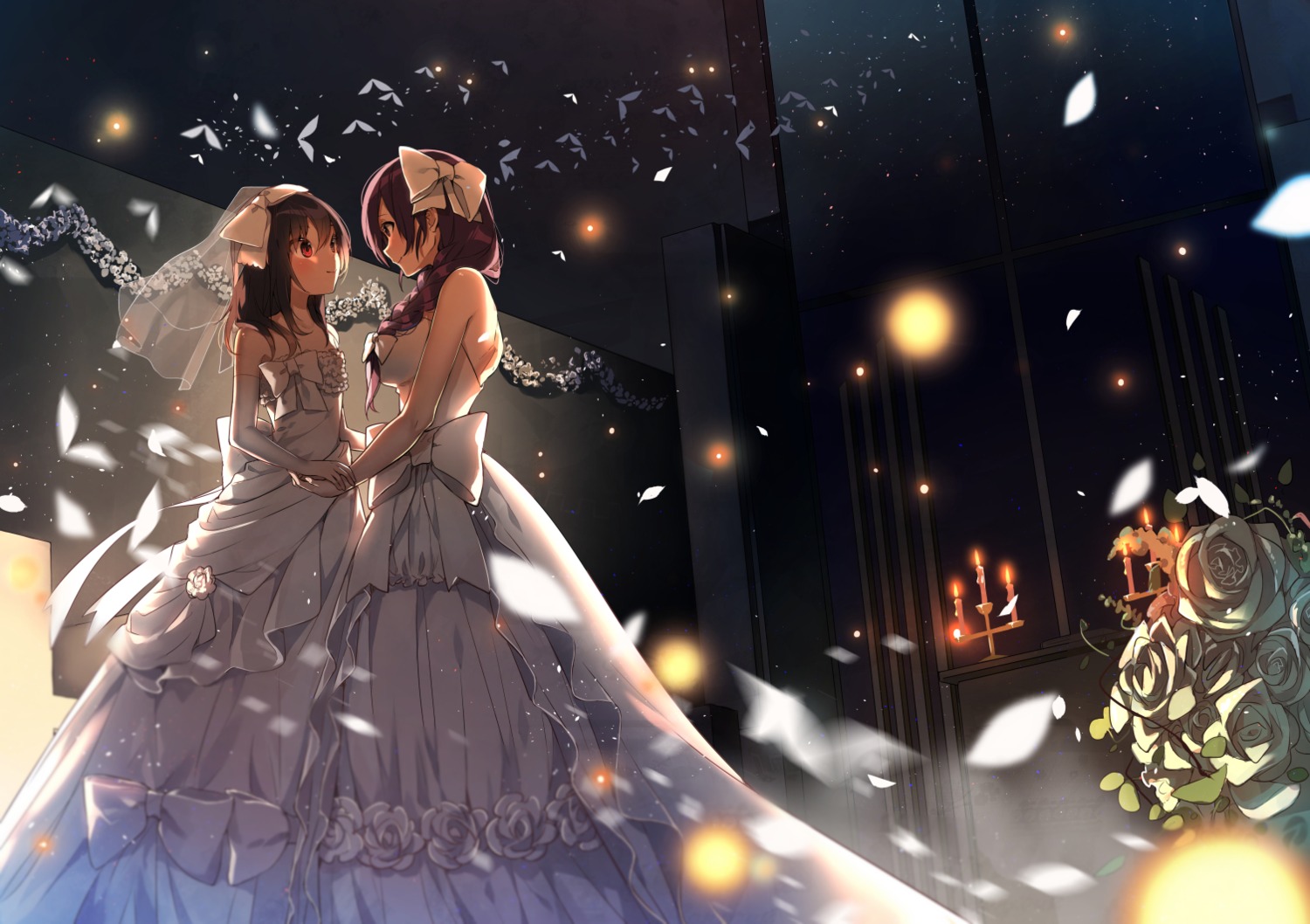 dress, love_live!, love_live!_(series), shironboako, toujou_nozomi, wedding_dress, yazawa_nico, yuri