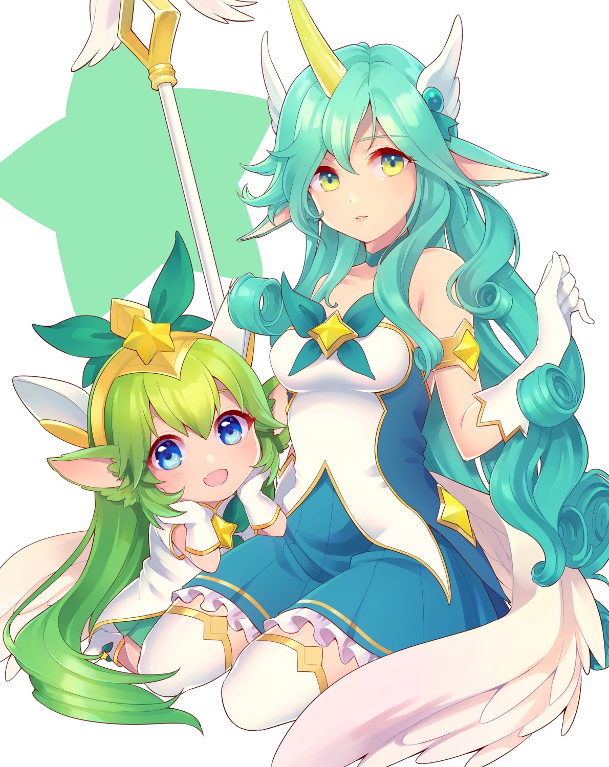 animal_ears, dress, horns, league_of_legends, lulu_(league_of_legends), soraka, thighhighs, uso_(ameuzaki)