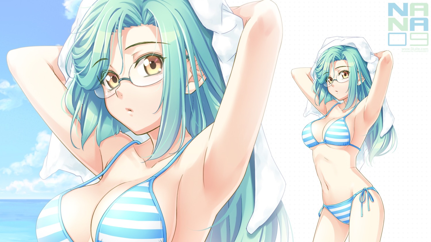 bikini, cleavage, dlsite.com, megane, swimsuits, underboob, wallpaper, you_haruka