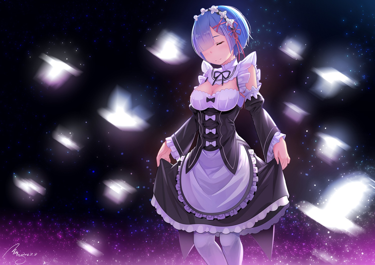 cleavage, feihong, maid, re:zero_kara_hajimeru_isekai_seikatsu, rem_(re_zero), skirt_lift