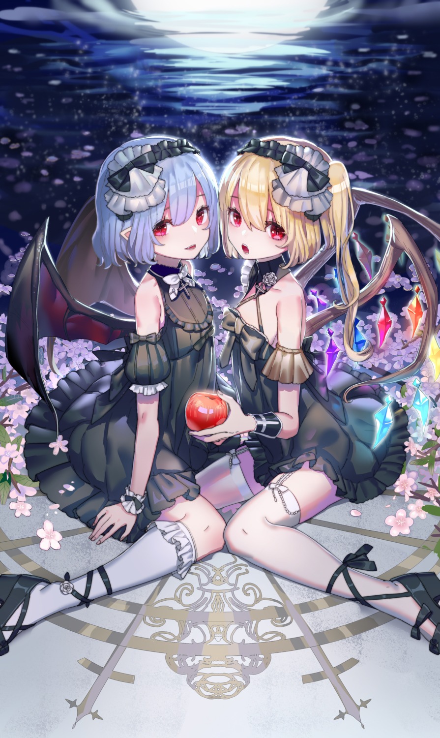 bunuojiang, dress, flandre_scarlet, heels, lolita_fashion, pointy_ears, remilia_scarlet, stockings, thighhighs, touhou, wings