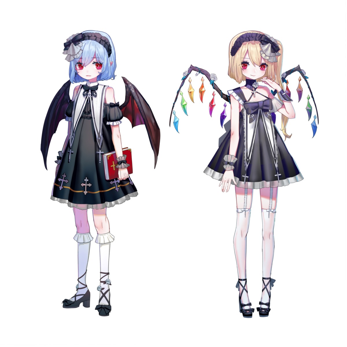 bunuojiang, dress, flandre_scarlet, gothic_lolita, heels, lolita_fashion, pointy_ears, remilia_scarlet