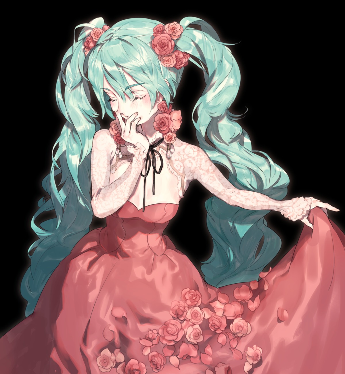cleavage, dress, hatsune_miku, ozyako, skirt_lift, vocaloid