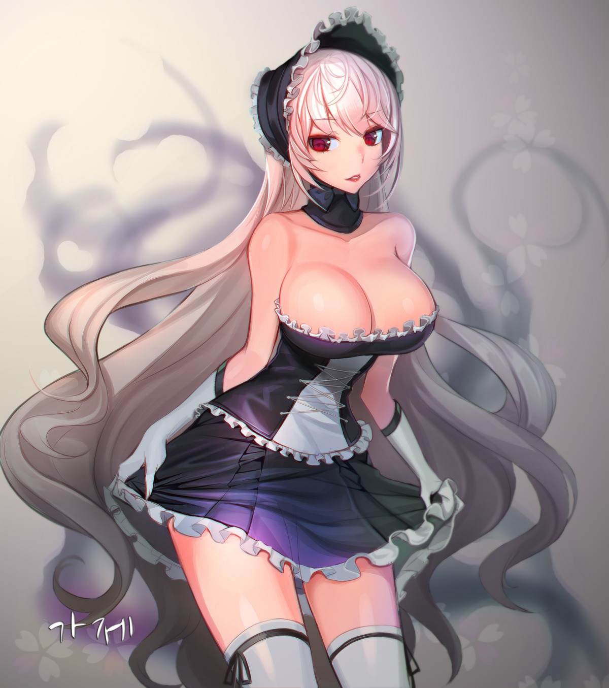 cleavage, dress, dungeon_fighter, papupu, skirt_lift, thighhighs