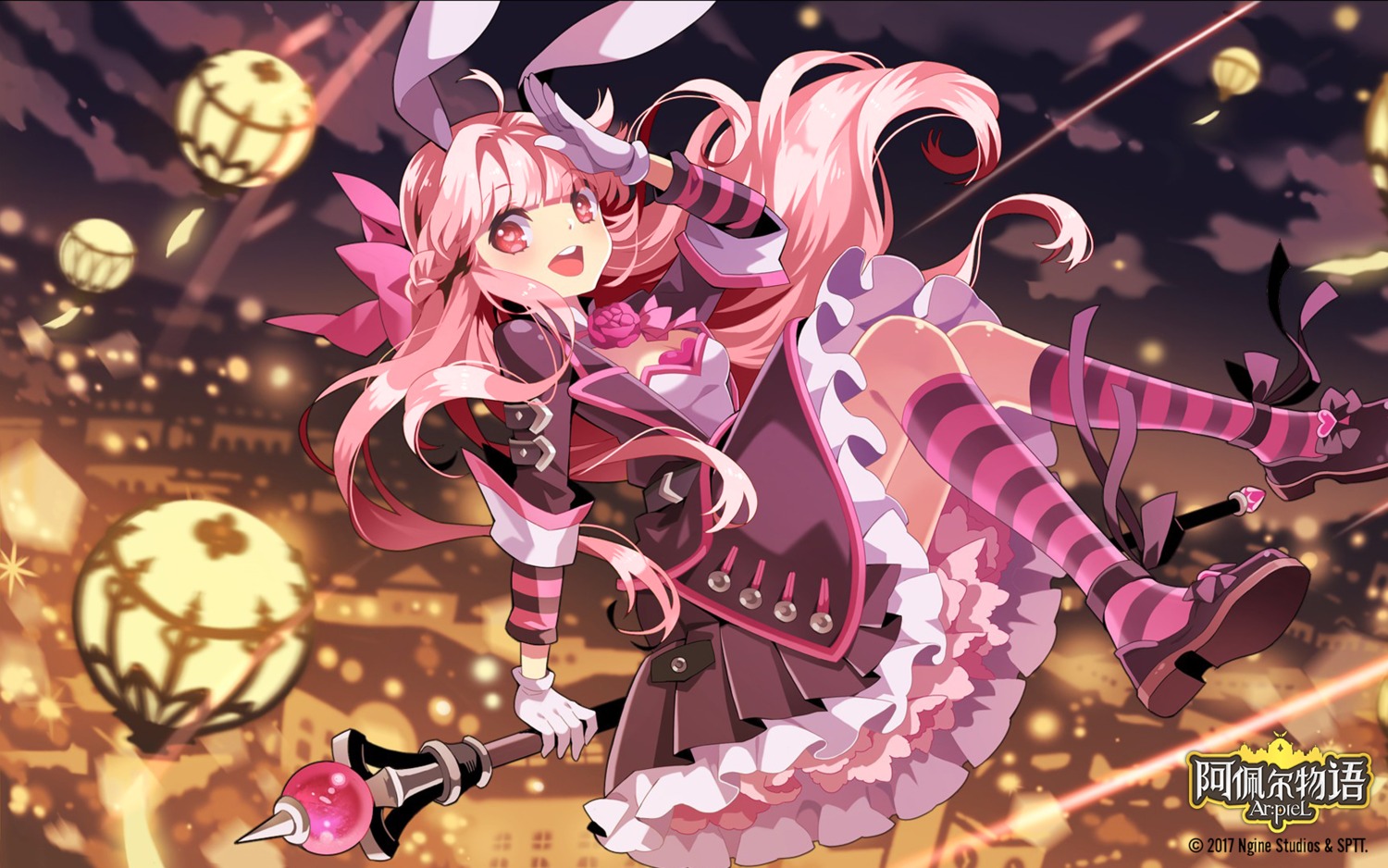 animal_ears, arpiel, bunny_ears, cleavage, dress, wallpaper, weapon