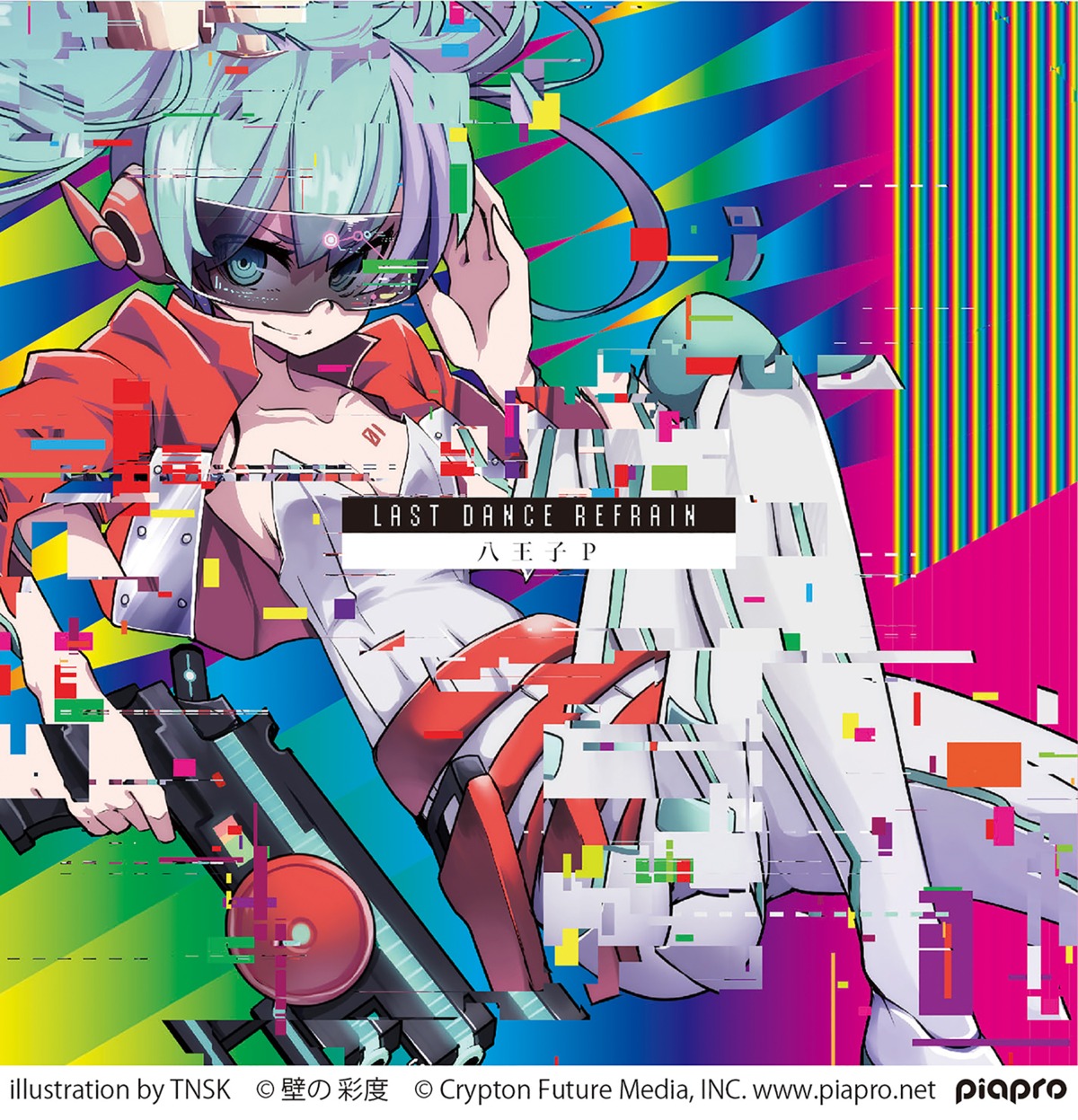 bodysuit, cleavage, disc_cover, gun, hatsune_miku, headphones, megane, tansuke