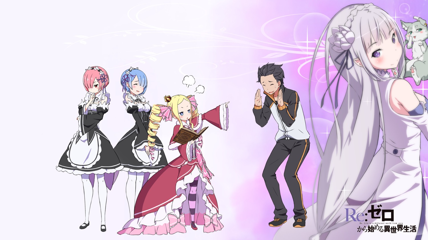 beatrice_(re_zero), dress, elf, emilia_(re_zero), maid, natsuki_subaru, neko, pack_(re_zero), pantyhose, pointy_ears, ram_(re_zero), re:zero_kara_hajimeru_isekai_seikatsu, rem_(re_zero), sando_(dukedevil), wallpaper