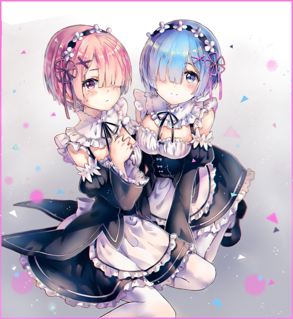 cleavage, maid, ram_(re_zero), re:zero_kara_hajimeru_isekai_seikatsu, rem_(re_zero), teka
