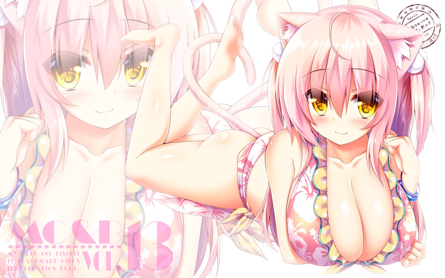 animal_ears, ass, bikini, cleavage, feet, nekomimi, shia_flatpaddy, swimsuits, syroh, tail, wallpaper
