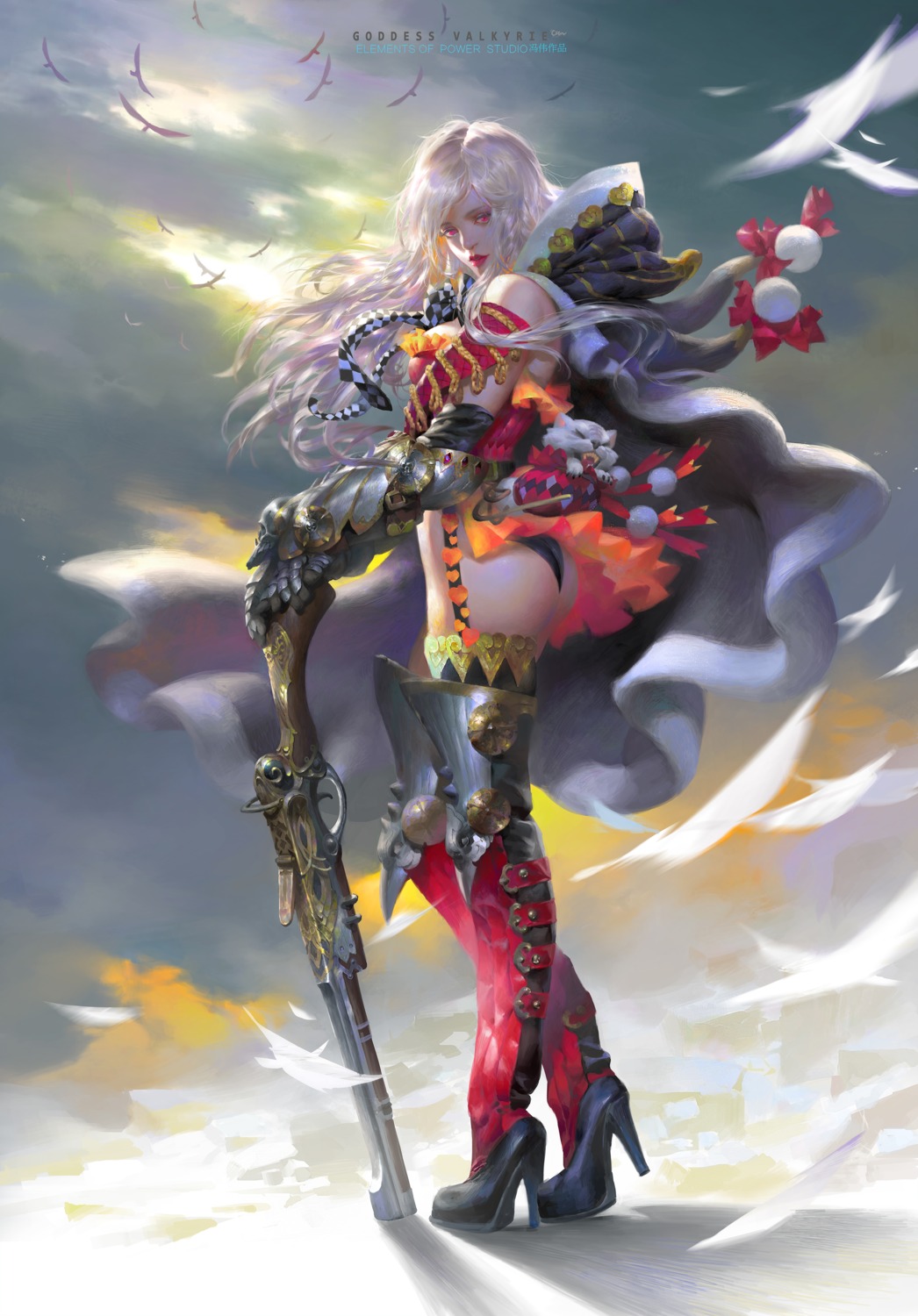 armor, ass, feng_wei_(artist), gun, heels, leotard