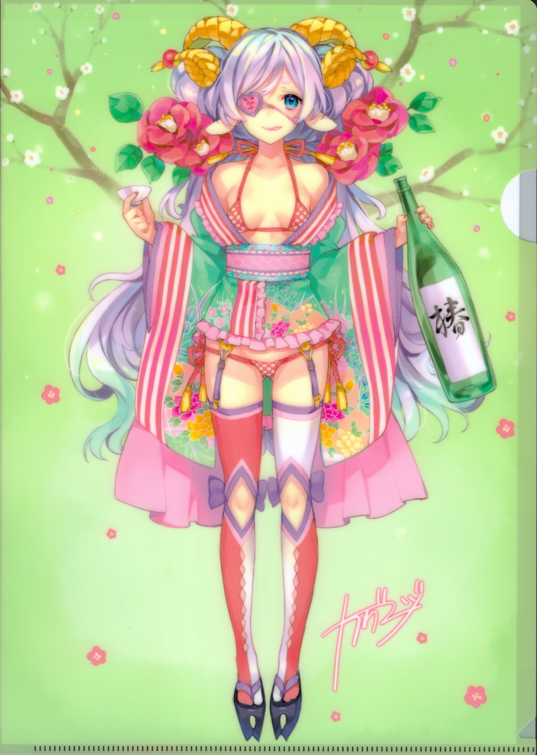 animal_ears, bikini, cleavage, eyepatch, fate/grand_order, horns, ichigo_pantsu, kaguyuzu, lolita_fashion, open_shirt, sake, stockings, swimsuits, thighhighs, wa_lolita