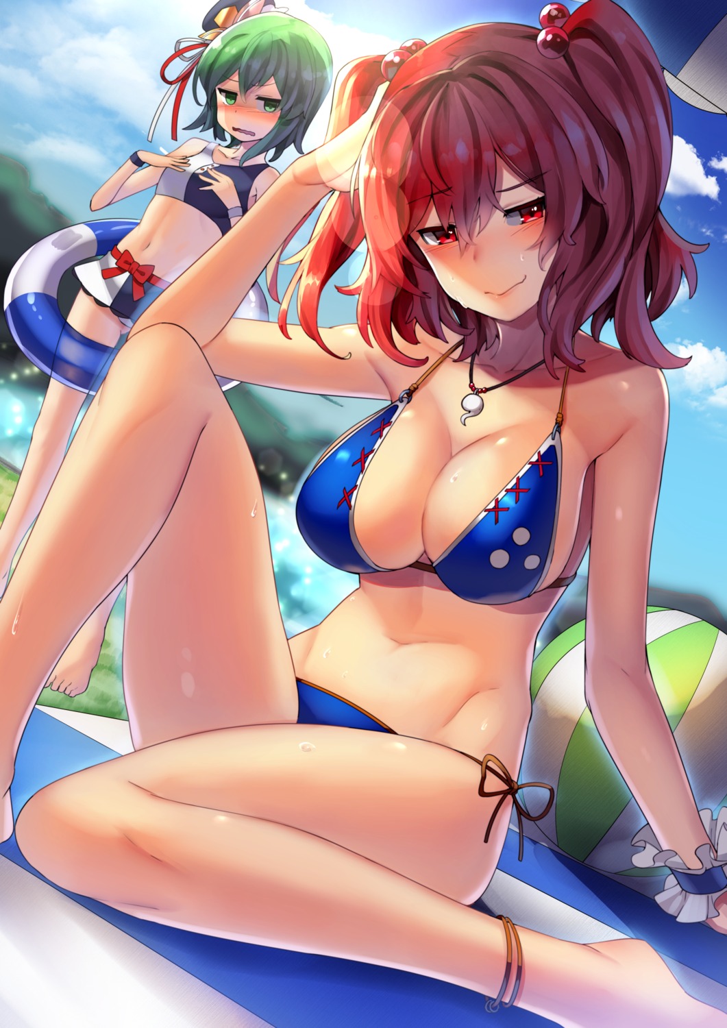 bikini, breast_hold, cleavage, onozuka_komachi, scottie, shikieiki_yamaxanadu, swimsuits, touhou