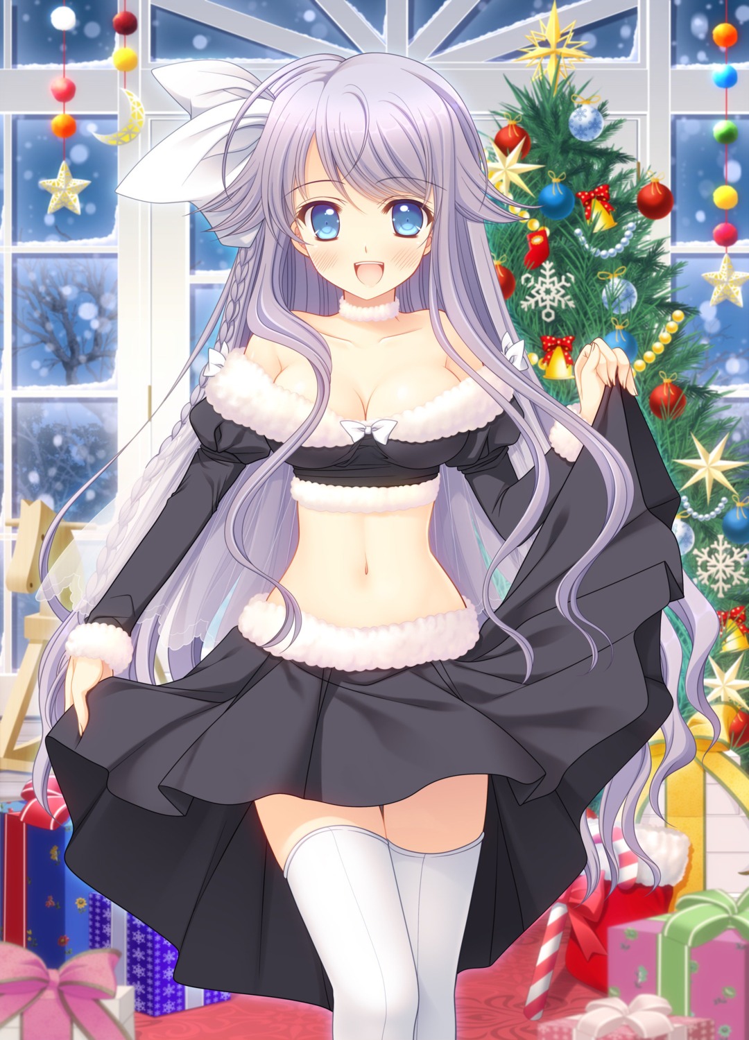 christmas, cleavage, navel, nishimata_aoi, skirt_lift, thighhighs, tsuki_ni_yorisou_otome_no_sahou, tsuki_ni_yorisou_otome_no_sahou_2, tsuki_ni_yorisou_otome_no_sahou_2.2_axl+sa!!, youkadou_sakuri