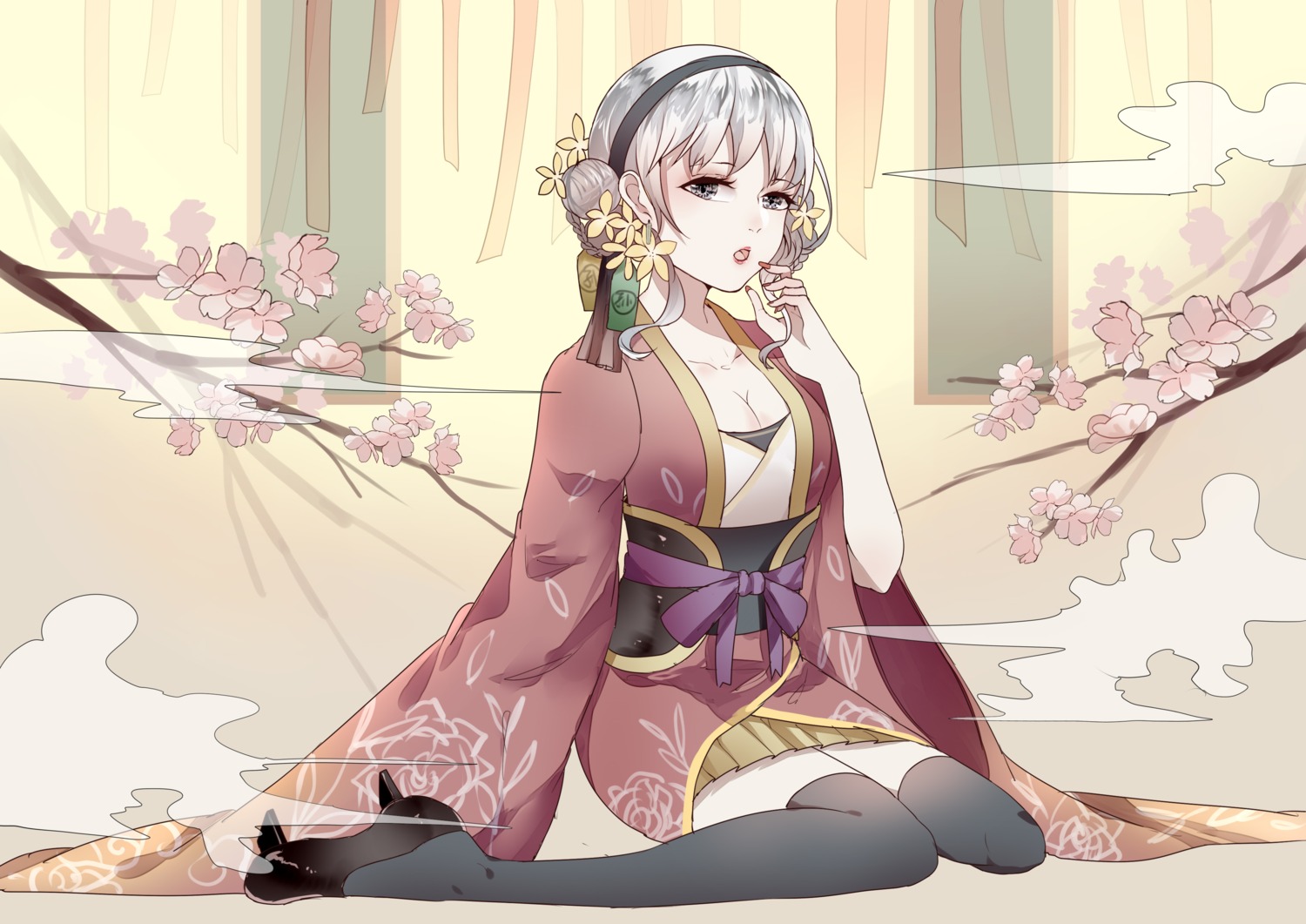 cleavage, japanese_clothes, thighhighs, vocaloid, weitu