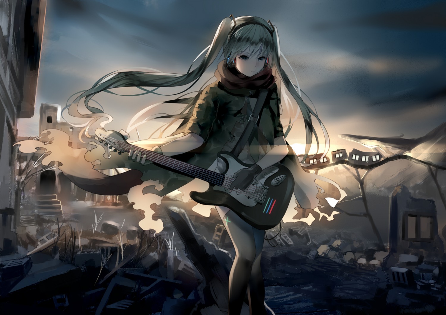 guitar, hatsune_miku, headphones, thighhighs, torn_clothes, vocaloid, weitu