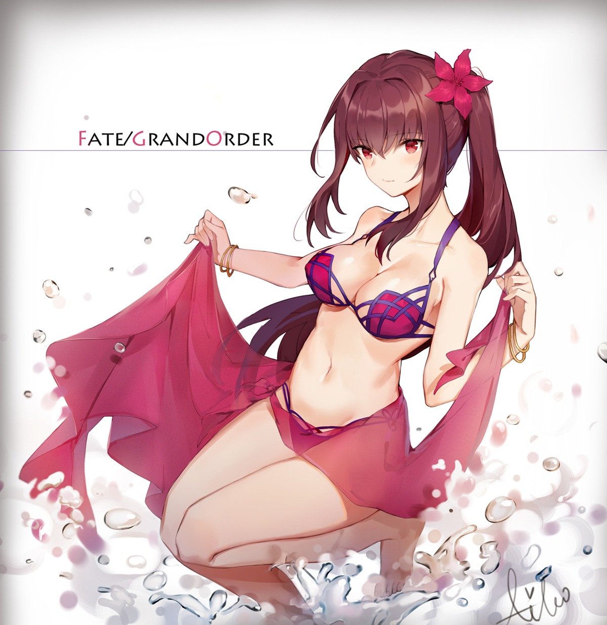 aiko_(kanl), bikini, cleavage, fate/grand_order, scathach_(fate), see_through, skirt_lift, swimsuits