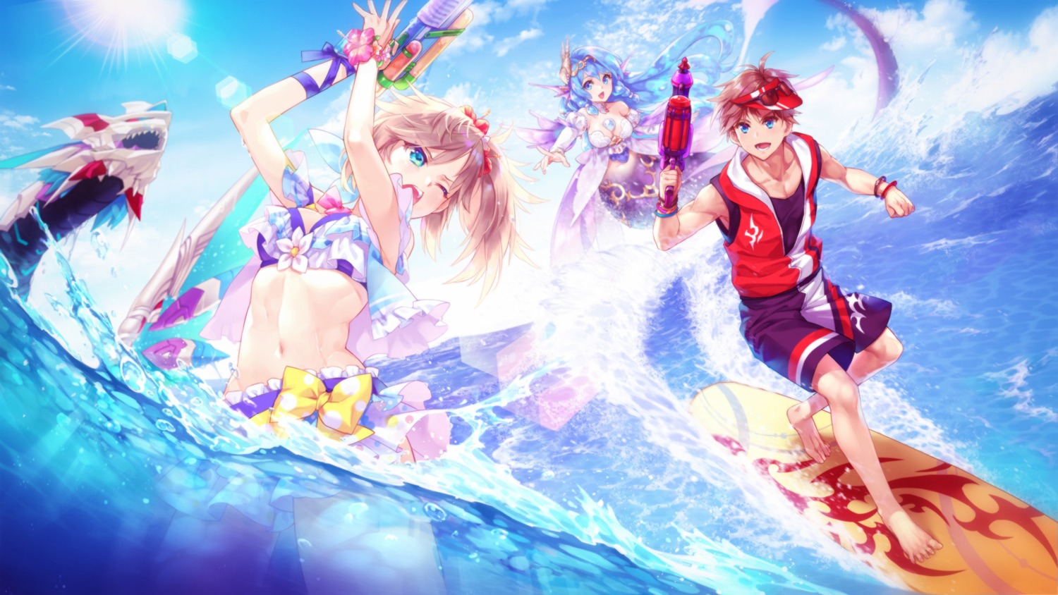 bikini, cleavage, demmy, fantasy_frontier, gun, megane, mermaid, monster