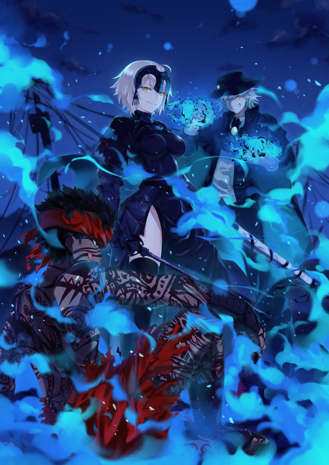 armor, avenger, edmond_dantes_(fate/grand_order), fate/grand_order, fate/hollow_ataraxia, fate/stay_night, jeanne_d'arc, jeanne_d'arc_alter_(fate), kurogiri, sword, tattoo, thighhighs