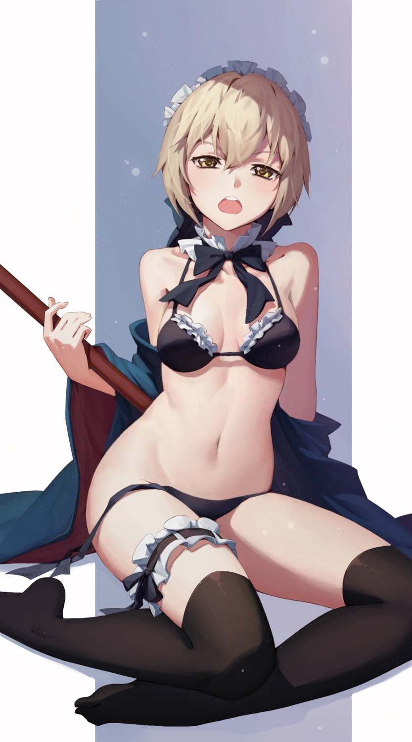artoria_pendragon_(fate), artoria_pendragon_alter_(fate), bikini, chunrijun_(springer), cleavage, fate/grand_order, feet, garter, maid, open_shirt, panty_pull, swimsuits, thighhighs