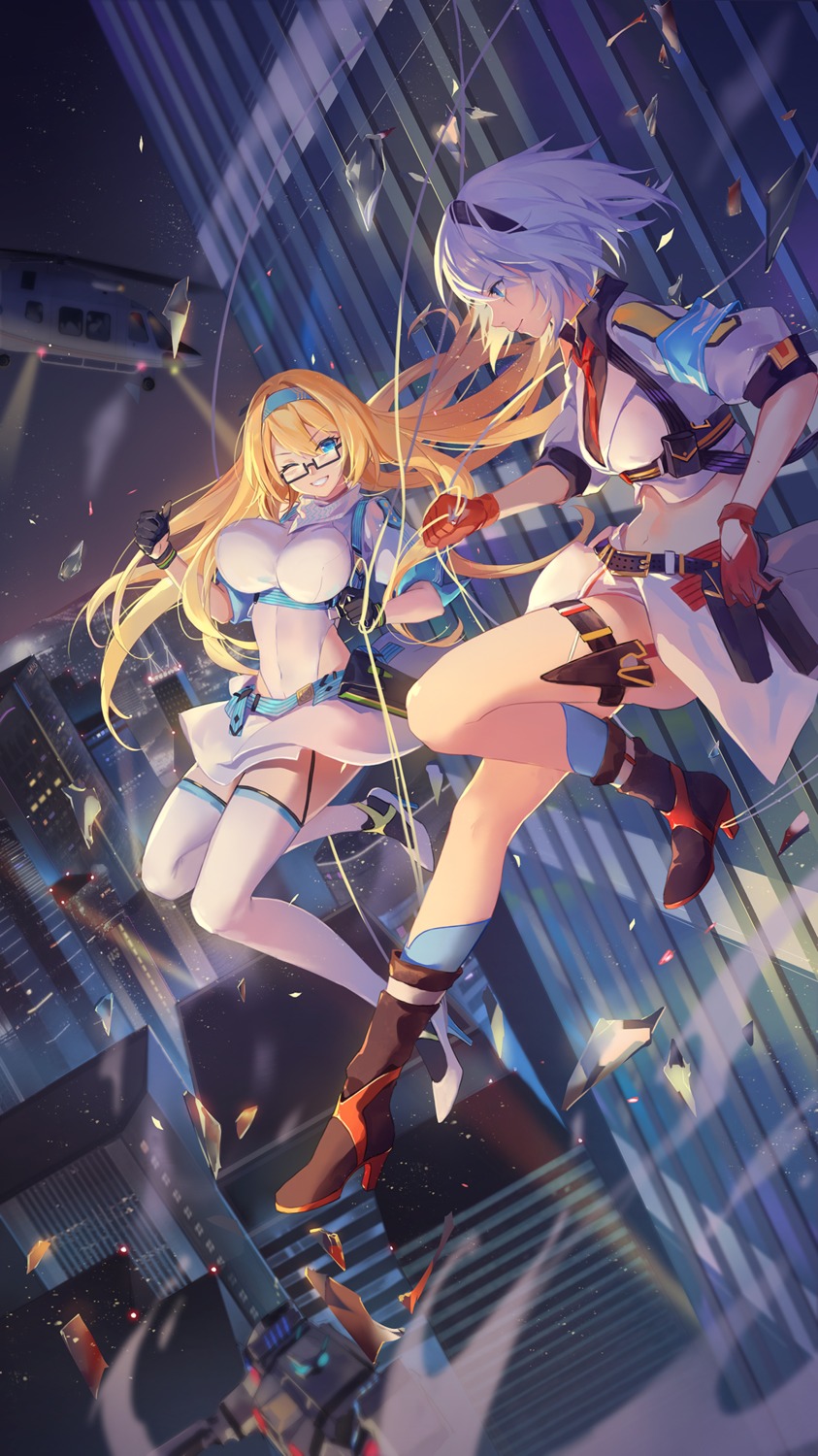 criin, heels, hilda_(iron_saga), kelly_(iron_saga), kidou_sentai_iron_saga, megane, stockings, thighhighs, weapon