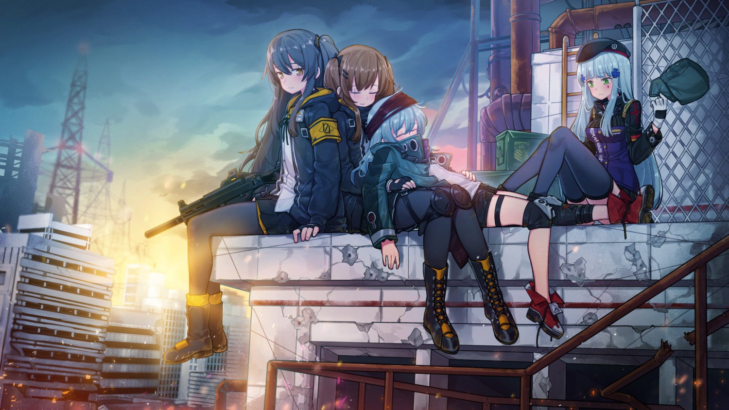 funako_(newggo), g11_(girls_frontline), girls_frontline, gun, hk416_(girls_frontline), pantyhose, thighhighs, ump45_(girls_frontline), ump9_(girls_frontline), wallpaper