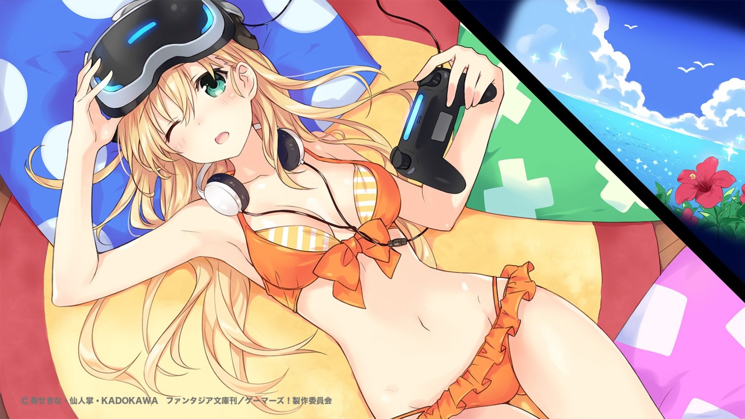 bikini, cleavage, gamers!, headphones, swimsuits, tendou_karen, tsunako