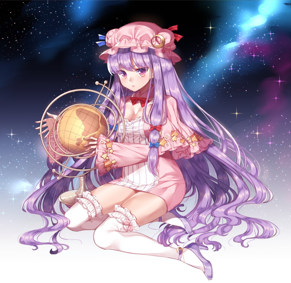 cleavage, dress, gem_oblivion, heels, patchouli_knowledge, thighhighs, touhou