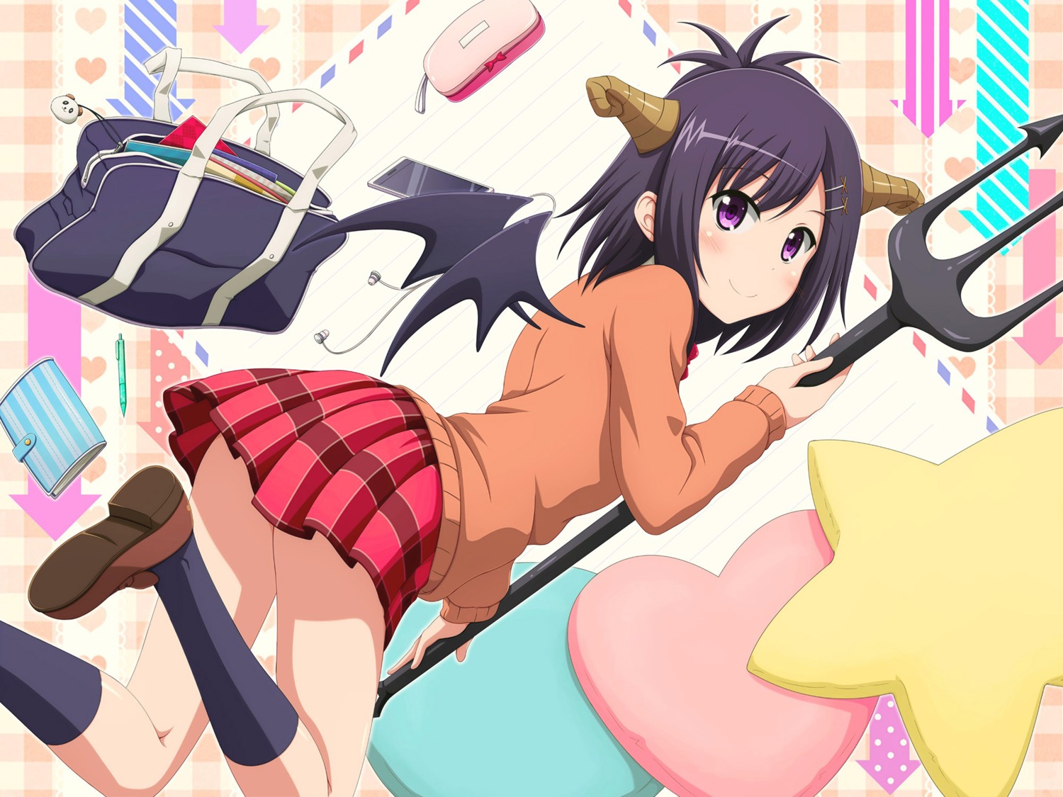 gabriel_dropout, horns, seifuku, shira-nyoro, sweater, tsukinose_vignette_april, weapon, wings