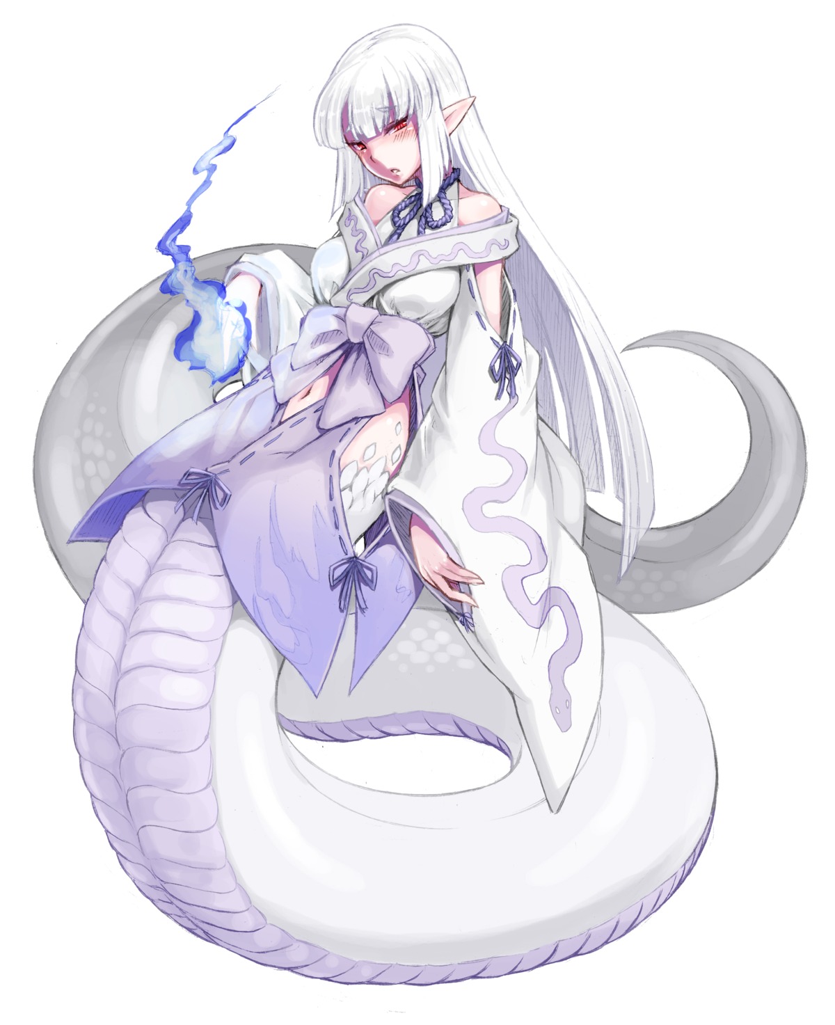 japanese_clothes, kenkou_cross, monster_girl, monster_girl_encyclopedia, pointy_ears, shirohebi_(monster_girl_encyclopedia), tail