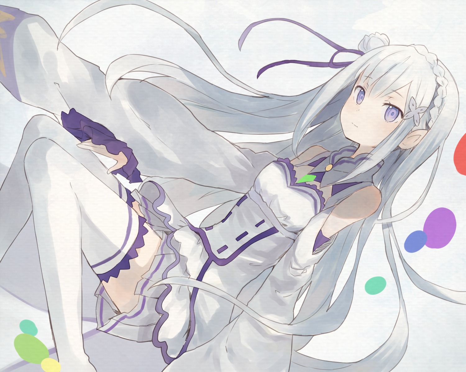 dress, elf, emilia_(re_zero), komazu, pointy_ears, re:zero_kara_hajimeru_isekai_seikatsu, thighhighs