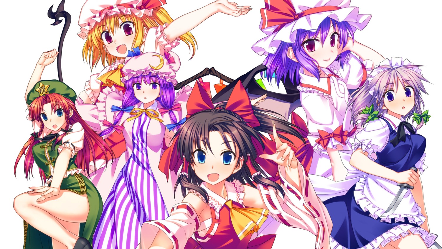 cubetype, dress, flandre_scarlet, hakurei_reimu, hong_meiling, izayoi_sakuya, maid, patchouli_knowledge, remilia_scarlet, sarashi, touhou, wallpaper, weapon, wings, yuuki_keisuke