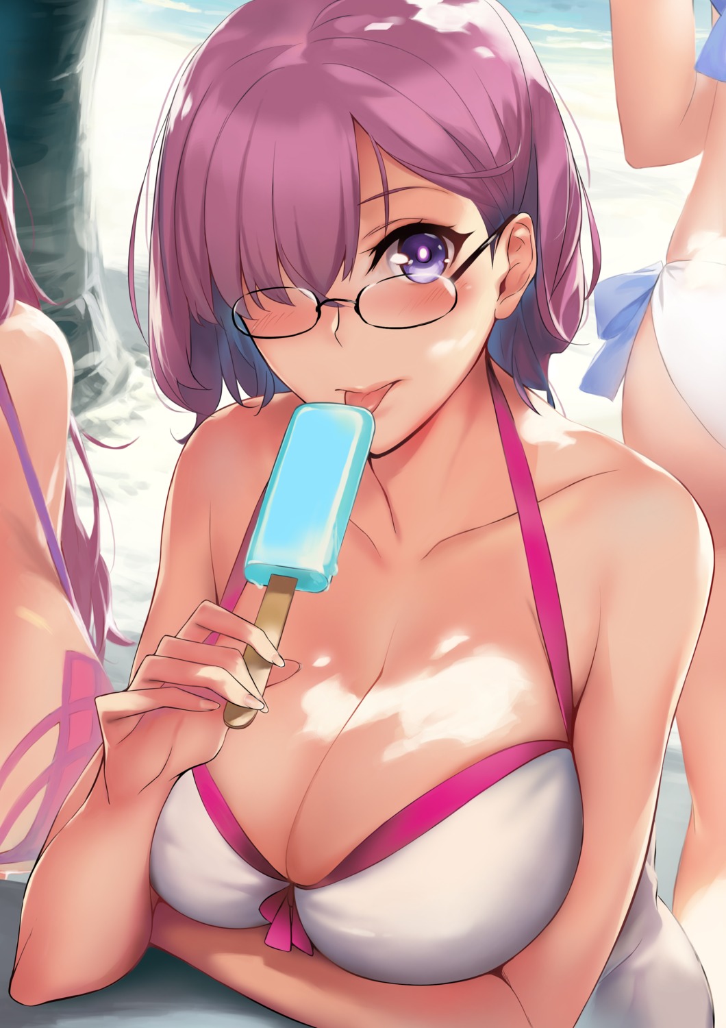 bikini_top, breast_hold, cleavage, dress, fate/grand_order, knatb, mash_kyrielight, megane, scathach_(fate), swimsuits