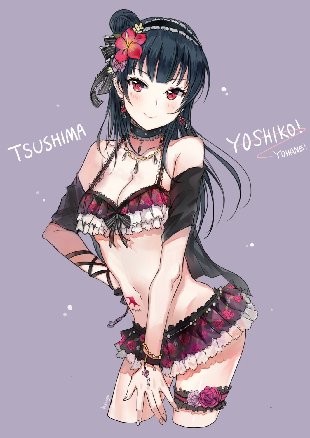 cleavage, garter, hyugo, love_live!_(series), love_live!_sunshine!!, swimsuits, tattoo, tsushima_yoshiko