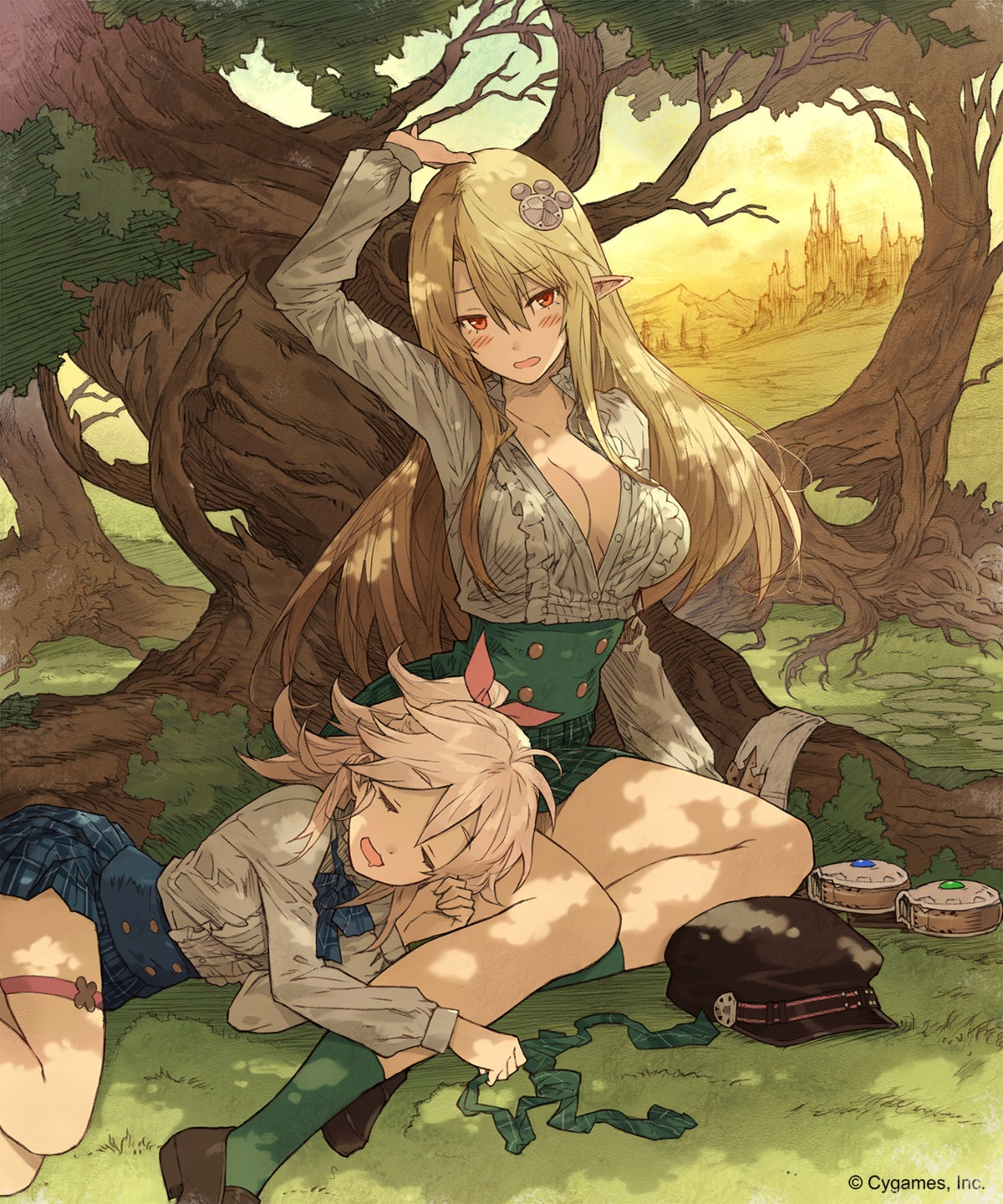 cleavage, ezusuke, garter, no_bra, open_shirt, pointy_ears, seifuku, shingeki_no_bahamut
